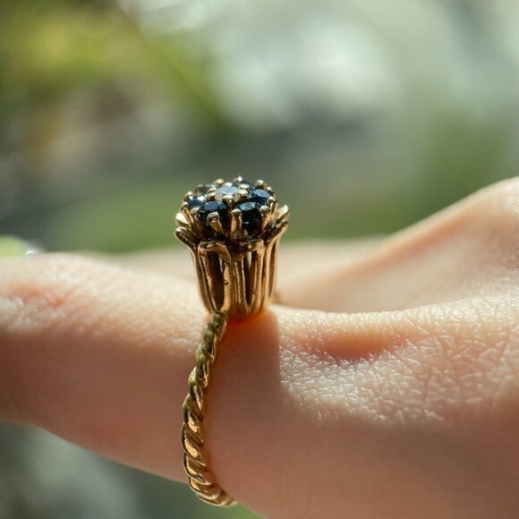 14k gold natural diamond tulip ring with twisted rope band size 5-6, 1970s 1980s - Picture 1 of 11